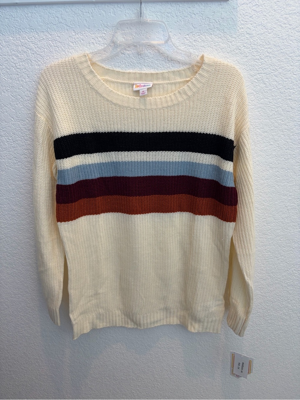 LuLaRoe Mariah Cream Crewneck Sweater with Black, Blue, Maroon & Rust Stripes